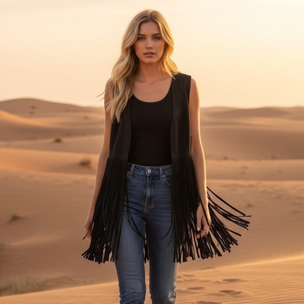 LaMarque Collection Black Suede Fringe Vest Womens L Real Leather Boho Western